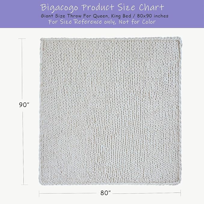 Bigacogo Chunky Knit Throw Blanket for Couch, 80x90 inches, Vintage White | Hand Knit with Jumbo Chenille, Soft Breathable Cable Knit for Sofa Bed Living Room, Machine Washable, Gift for Mom Friend