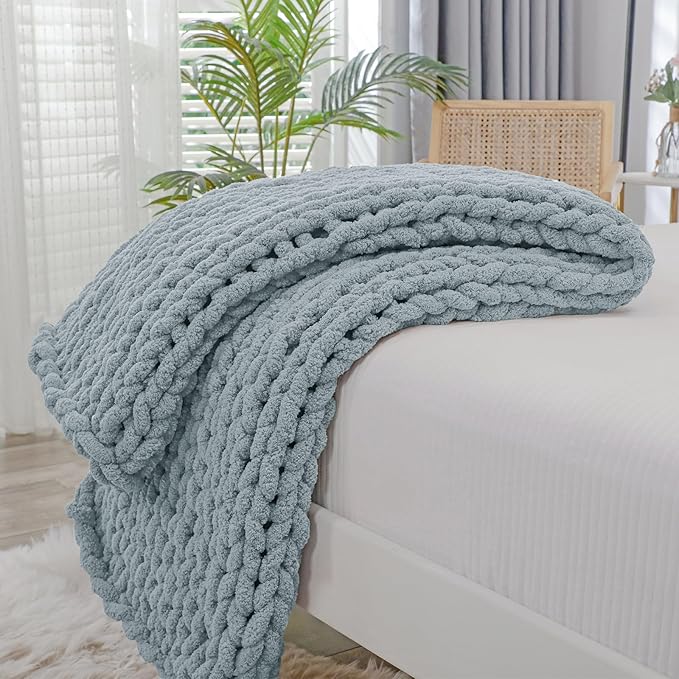 Bigacogo Chunky Knit Throw Blanket for Couch, 40x40 inches, Dusty Blue | Hand Knit with Jumbo Chenille, Soft Breathable Cable Knit for Sofa Bed Living Room, Machine Washable, Gift for Mom Friend
