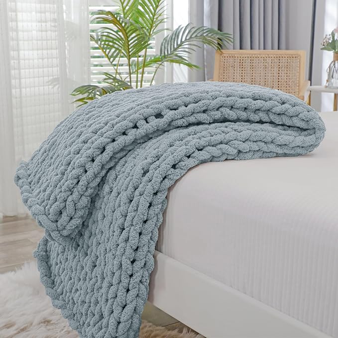 Bigacogo Chunky Knit Throw Blanket for Couch, 40x60 inches, Dusty Blue | Hand Knit with Jumbo Chenille, Soft Breathable Cable Knit for Sofa Bed Living Room, Machine Washable, Gift for Mom Friend