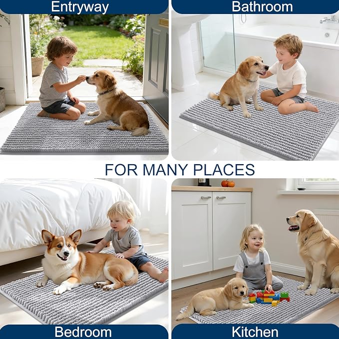 OLANLY Dog Door Mat for Muddy Paws 70x24, Extra Absorbent Chenille Mud Mat | Light Grey, Absorbs Moisture and Dirt, Non-Slip Machine Washable Doormat, Quick-Drying Indoor Entryway Floor Mat for Dogs