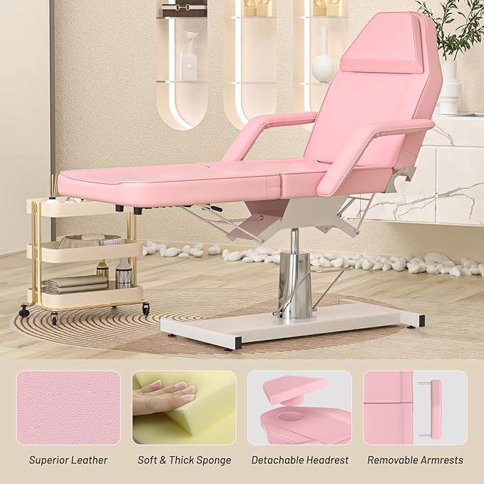 Hydraulic Pink Tattoo Chair Bed for Client Spa Bed with Stool Height Adjustable Facial Beds for Esthetician Chair Aesthetic Treatment Table