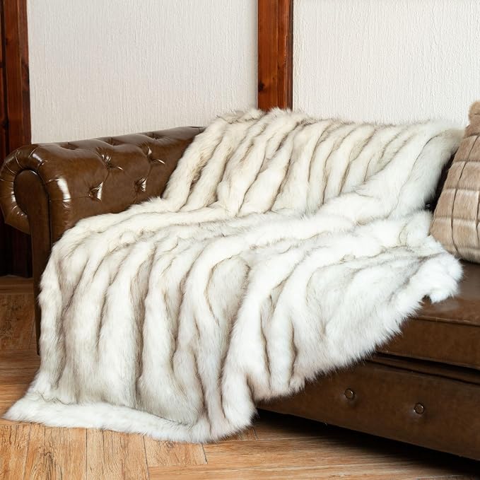 BATTILO Luxury White Faux Fur Throw Blanket for Couch, 60"x80", Tip-Dyed | Large Fuzzy Fluffy Elegant Cozy White Blanket, Super Warm Heavy Thick Faux Fur Blanket for Bed, Living Room