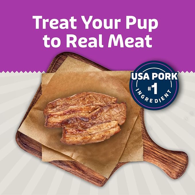 Blue Buffalo Sizzlers Pork Bacon-Style Dog Treats, 6 oz | Real USA Pork First, Soft & Chewy Texture, Tear for Portion Control, No Red 40, BHA, Corn, Wheat, or Soy