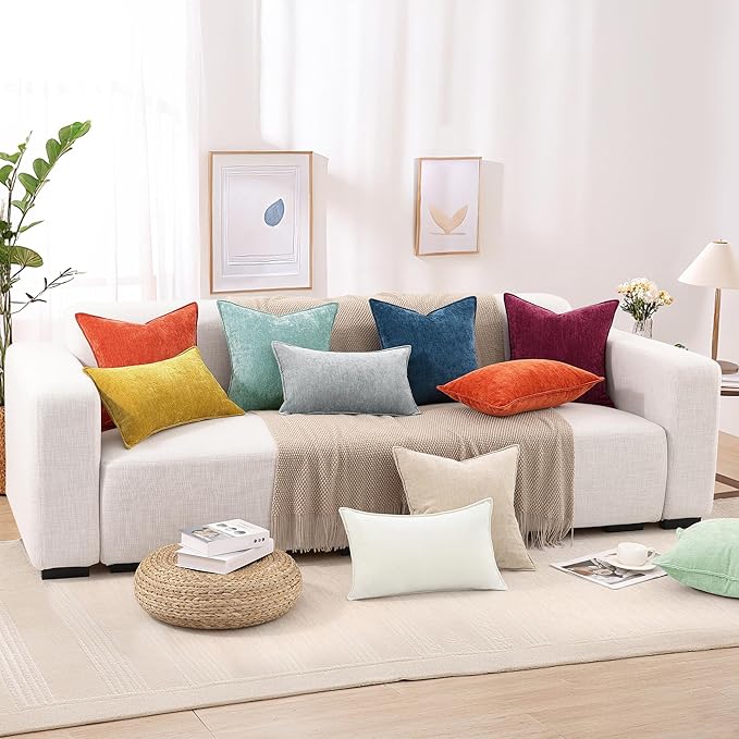 decorUhome Chenille Aqua Haze Velvet Throw Pillow Covers 22x22 Set of 2 | Fall Soft Euro Sham Couch Decorative Modern Farmhouse Pillow Cases with Elegant Design for Sofa Bed Living Room Home Decor
