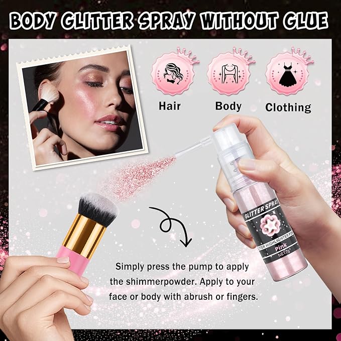 AWCCXMYM Body Glitter Spray Sparkle Hairspray Highlighter Glitter Shiny Spraay for Hair and Body,Face Glitter Powder for Halloween,Christmas,Concert Accessories Party Body Makeup(Pink)