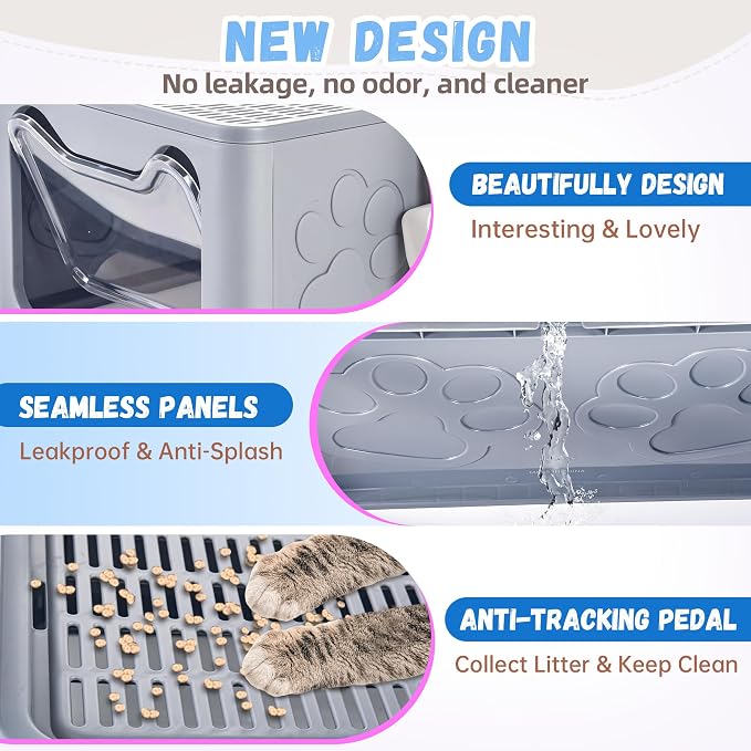 Covered Cat Litter Box, Extra Large Drawer Design with Dual Entry, Grey | 13L litter capacity, adjustable door, leakproof structure, cleaning accessories, complimentary cat litter mat
