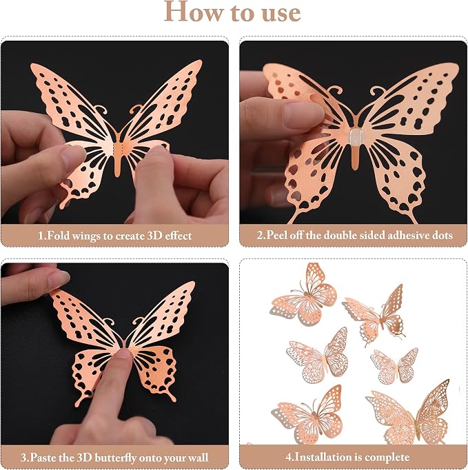 SAOROPEB 3D Butterfly Wall Decor, 48 Pcs 4 Styles 3 Sizes, Removable Metallic Wall Sticker Room Mural Decals for Kids Bedroom Nursery Classroom Party Decoration Wedding Decor DIY Gift (Rose Gold) | 4 Styles 3 Sizes, Removable Metallic Wall Sticker Room...