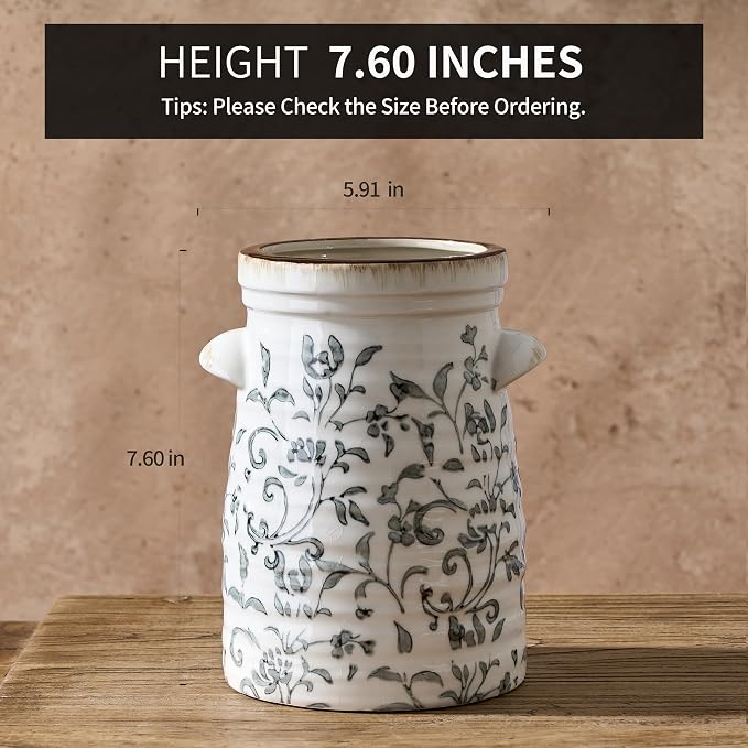 SIDUCAL Ceramic Gray and White Vase with 2-Ear, 8 Inch Ice Cracked Vintage Pastoral Vase, Rustic Farmhouse Vases for Home Decor, Table, Living Room, Shelf Decor, Chinoiserie Decor, Gray Floral Pattern