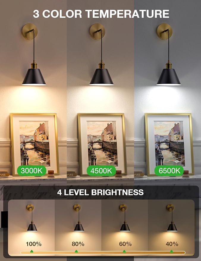 Gold & Black Battery Operated Wall Sconce Set of 2, 5200mAh Dimmable Detachable Bulbs and Remote Wireless Rechargeable Wall Lights, 9 Colors Sconces Wall Decor for Bedroom Living Room Hallway