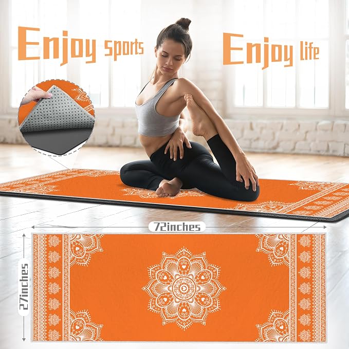 Yoga Towel,Absorbent Yoga Mat Towel for Hot Yoga Non Slip,Stylish Prints,Ideal for Workouts,Hot Yoga,Bikram,Pilates Equipment,72 x 27 in,Orange Mandala