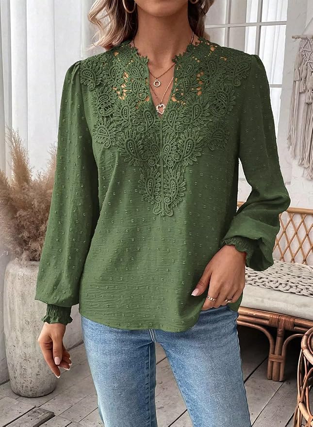 Womens Tops Swiss Dot Boho Long Sleeve Shirts V Neck Casual Chiffon Blouses Flowy Lace Hem Cute Clothing Trendy 2026