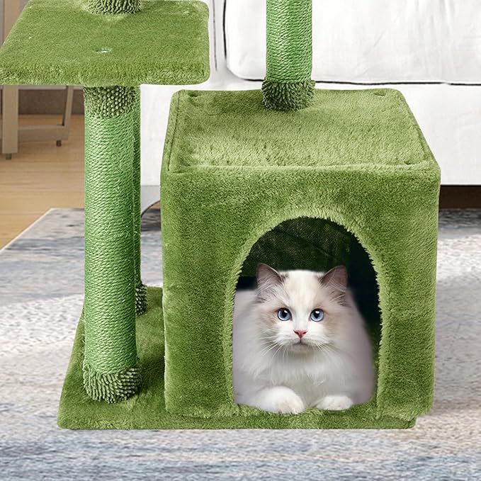 FISH&NAP Cute Cat Tree Kitten Cat Tower for Indoor Cat Condo Sisal Scratching Posts with Jump Platform Cat Furniture Activity Center Play House Green | FISH&NAP For Indoor Jump Platform Activity Center Play House Green