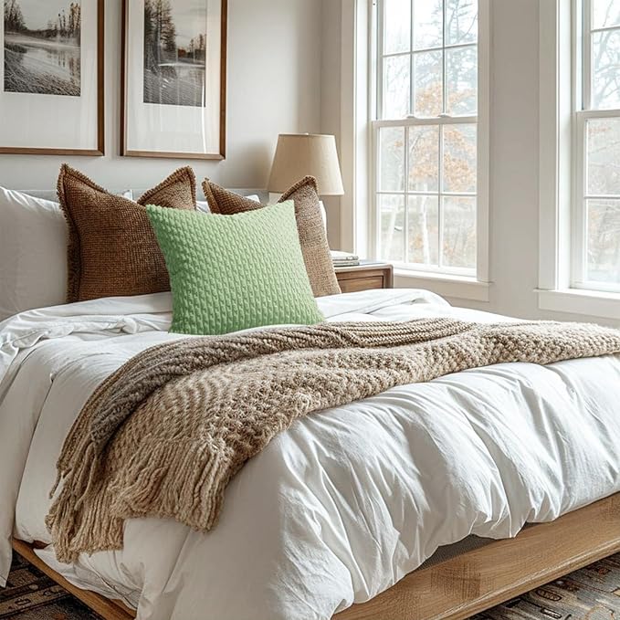Softalker Corduroy Decorative Throw Pillow Covers 18x18, 2 Pack, Sage Green | Soft Boho Striped Pillow Cases, Couch Fluffy Cushion Covers for Farmhouse Home Decor Bed Living Room