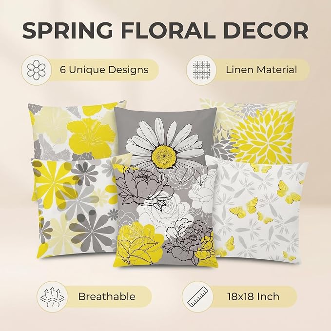 COMMINY Yellow Gray Linen Pillow Covers 18x18 Set 6 Farmhouse Throw Cover | Daisy Dhalia Cushion Cover, Standard Throw Pillow Size, Breathable Linen, Couch Sofa Bedroom, Fall Summer Decor