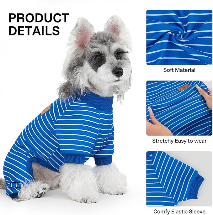 XPUDAC 4 Pack Dog Pajamas Striped Dog Clothes for Small Medium Dogs Girl Boy Comfy Puppy Outfit Doggy Jammies Onesie Pet Costume, Blue, Grey, Green, L