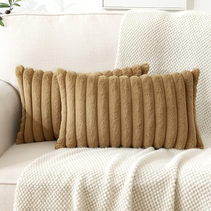 Soleebee Set of 2 Throw Pillow Covers Soft Cozy Velvet Pillowcase Faux Rabbit Fur Cover for Couch Sofa Bed Chair Home Decorative Pillows Cover (12x20 Inch, Light Brown)