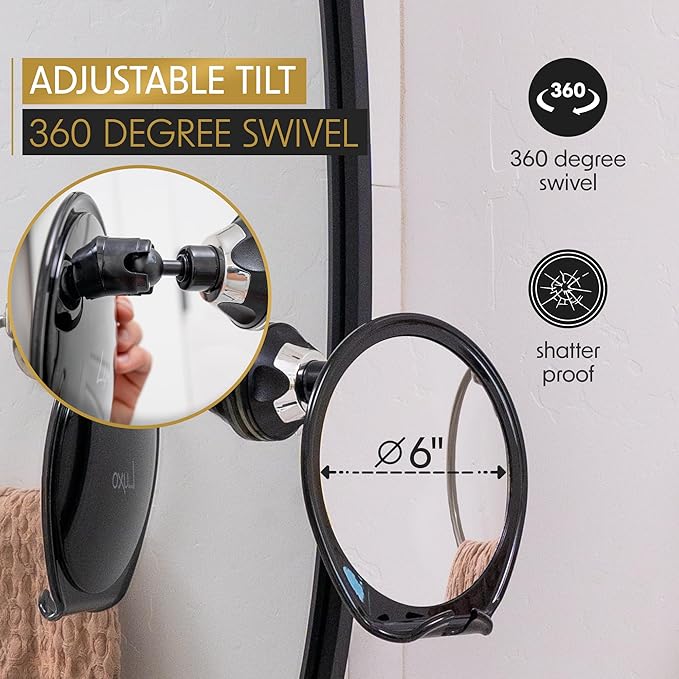 Luxo Shower Mirror, Shaving Mirror with a Razor Holder for Shower and Powerful Suction Cup - Shatterproof Shower Mirror fogless for Shaving, fogless Mirror for Shower (Black)