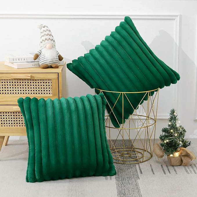 Soleebee Set of 2 Throw Pillow Covers Soft Cozy Velvet Pillowcase Faux Rabbit Fur Cover for Couch Sofa Bed Chair Home Decorative Pillows Cover (24x24 Inch, Christmas Green)