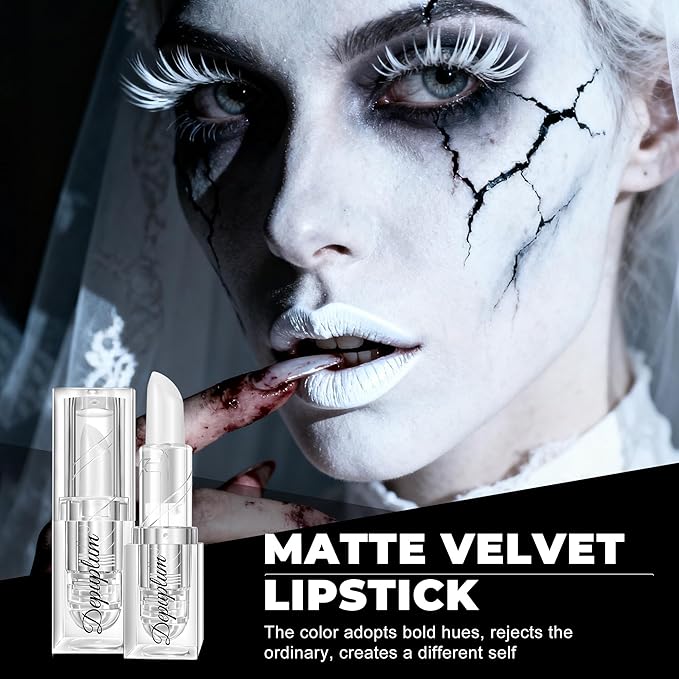 Halloween Black White Red Lipstick Set Waterproof Matte Black Lipsticks for Women Lip Face Body Makeup for Goth Cosplay Vampire Zombie, Black/White/Red