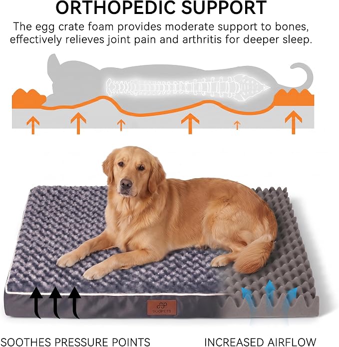 WESTERN HOME WH Orthopedic Dog Bed for Jumbo Dog Washable Pet Bed, 54in | Waterproof Liner,Removable Cover,Thick Egg Crate Foam for Joint Support,Nonskid Bottom,OEKO-TEX Certified,Grey,Up to 120 Lbs