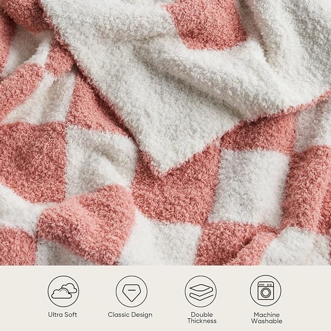 Snuggle Sac Checkered Bedding Blanket Twin Size 60x80, Super Soft, Cozy Warm Knit Blankets, Reversible Breathable Lightweight Fluffy Throws for Sofa, Bed, Checkered Pink, 60x80 Inches