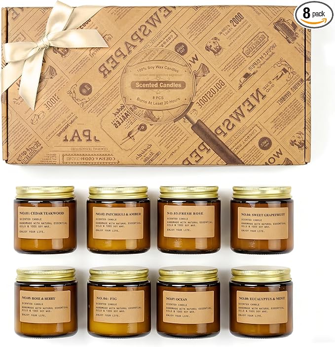 Scented Candles for Home,8 Pack Soy Wax Candle Set,Scented Candles Gift Set,Aromatherapy Candles, Amber Jar Vintage Apothecary Style, 8 Scents Gift Set