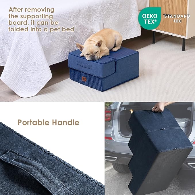 EHEYCIGA Dog Stairs for Small Dogs 13.5" H, 3-Step Dog Steps for Cats, Navy | Pet Steps for Couch Sofa and Chair, Non-Slip Balanced Pet Ramp Indoor