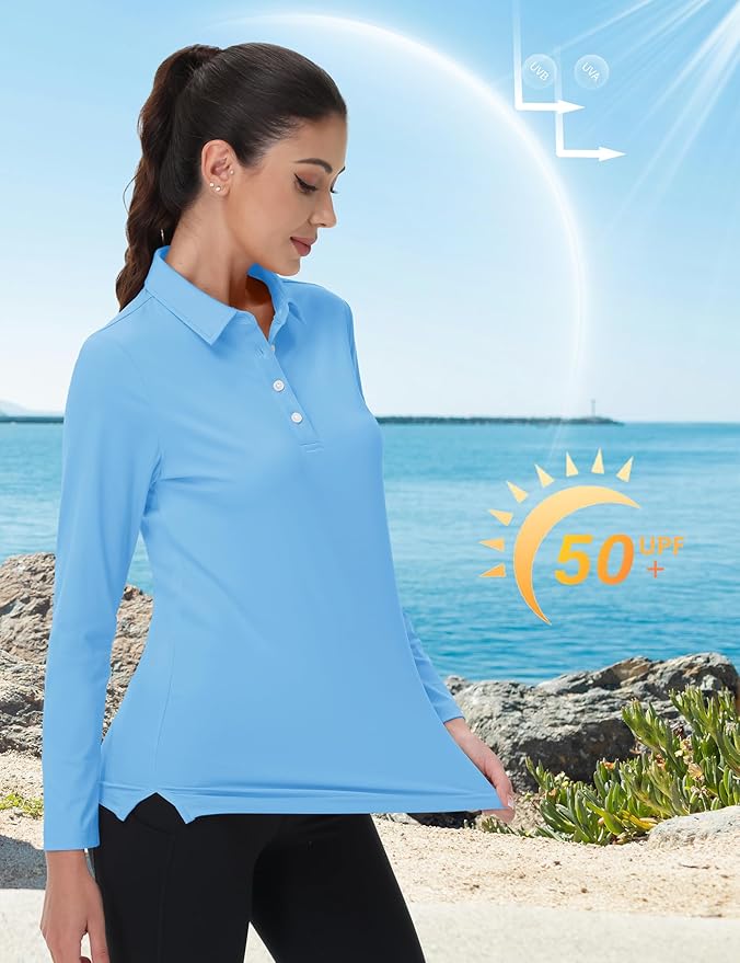 MAGCOMSEN Long Sleeve Polo Shirts for Women Golf Tops with Collar Work | UPF 50+ Sun Protection, 4 Buttons, Moisture Wicking, Breathable, 4-Way Stretch, Collared, Quick Dry, Active, Casual, Tennis