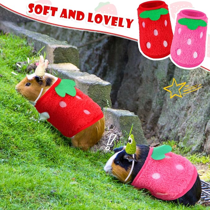 Mixweer 4 Pieces Guinea Pig Stuff Includes 2 Guinea Pig Clothes and 2 Cute Mini Hats with Adjustable Strap Small Animal Warm Vest Cozy Hand Knitted Hat for Hamster Bunny(Frog Style)