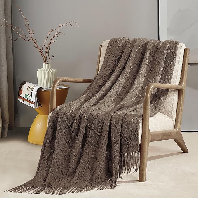 BOURINA Brown Throw Blanket 50 x70 Inch Jacquard Throw Knitted Blanket | Jacquard Argyle Throw Textured Solid Soft Throws and Blankets for Sofa or Bed Knitted Decorative Blanket