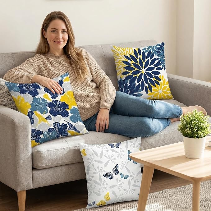 COMMINY Navy Blue Orange Pillow Covers 20x20 Set 6 Farmhouse Throw Cover | Daisy Dhalia flower, Large Throw Pillow Size, Breathable Linen, Bedroom Accent Couch Sofa Spring Summer Decor
