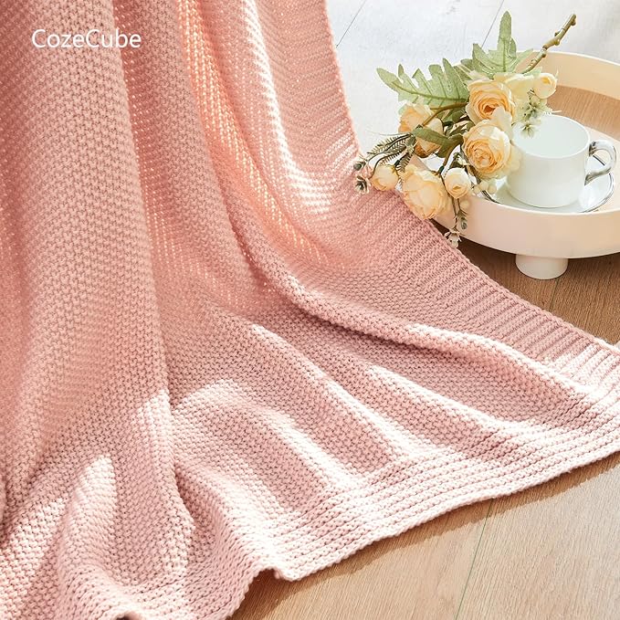 CozeCube Pink Seed Stitch Throw Blanket 50"x60", Farmhouse Decor | Blanket for Couch, Soft Cozy Cable Knit Throw for Bed Sofa Living Room, Lightweight Warm Decorative Christmas Blanket