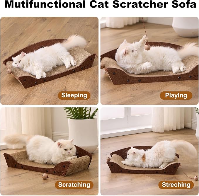 ZOMISIA 2 Pack 26'' Cardboard Cat Scratcher Bed - Large Scratcher Couch for Indoor Cats, Orthopedic Scratching Board, Lounger Scratching Couch with Bells