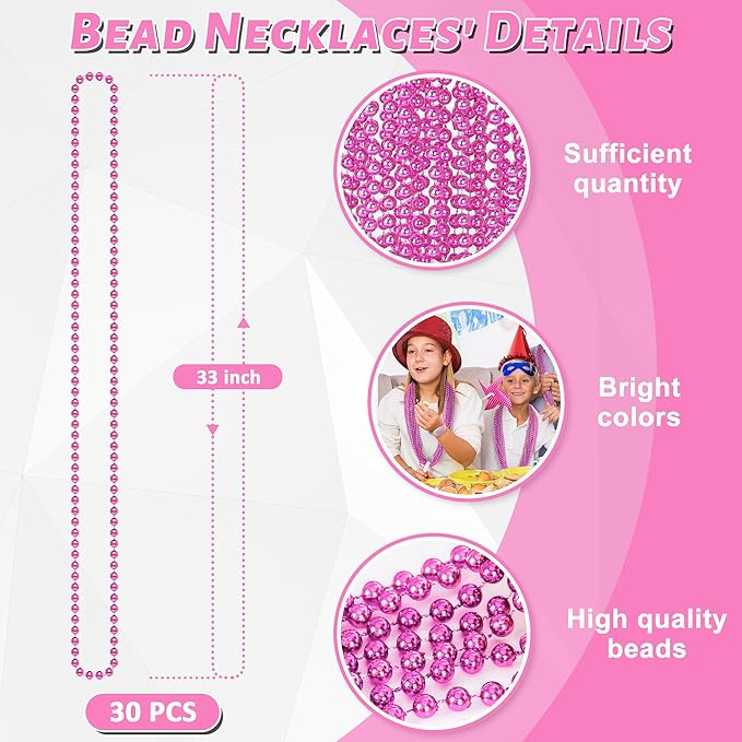 30PCS Bead Necklace, 33" Breast Cancer Awareness Accessories Bead Necklaces Bulk, Mardi Gras Beads Necklace, Festival Parade Throw Accessories for Wedding Birthday Gender Reveal Party Events Supplies