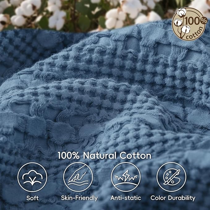 PHF 100% Cotton Waffle Weave Blanket Queen Size, Lightweight Breathable Summer Blanket for Hot Sleepers, Pre-Washed Soft Layer for Bed, Couch, Aesthetic Home Decor & Gift, 90"x90", Denim Blue