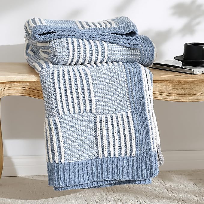 Knit Throw Blanket, Soft Chenille Cozy Breathable Dual Tone Checkered Chunky Decorative Blanket for Couch, Bed & Sofa, French Lightweight Warm Gift for Women, Washed Blue, 60"x80"