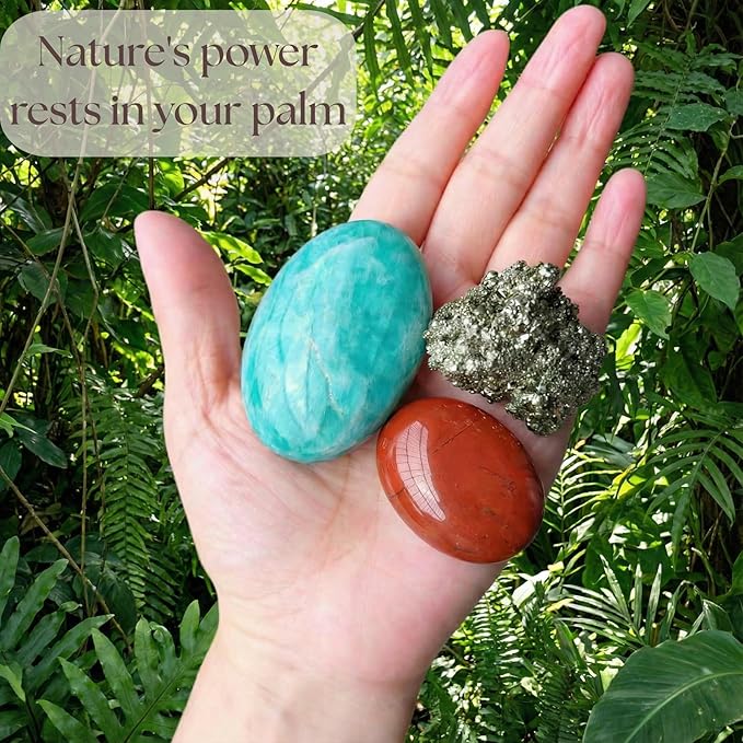 Abundance Crystal Trio: Raw Pyrite, Amazonite, Red Jasper | Wealth, Success & Worry Relief | Meditation, Travel Protection & Chakra Balancing | Gift Set with Guidebook & Velvet Pouch