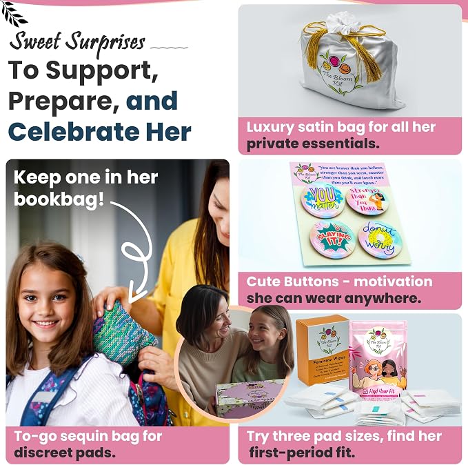 First Period Kit for Girls 9-12 | Puberty Kit for Tween Girls | Period Starter Kit with Pads, Wipes, Heating Pad, E-Book & More | First Period Gift Set for Daughter | 48 Pcs