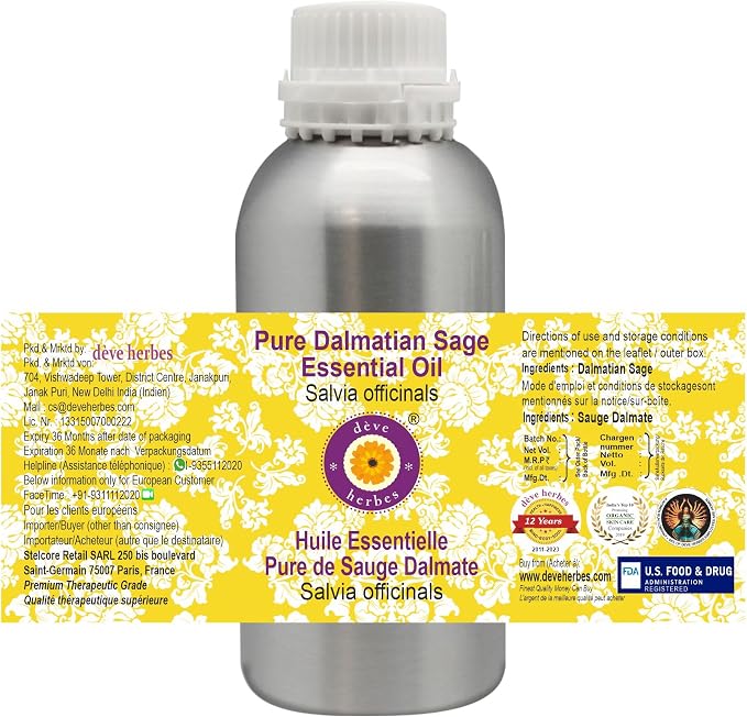 Deve Herbes Pure Dalmatian Sage Essential Oil (Salvia officinals) Steam Distilled 630ml (21 oz)