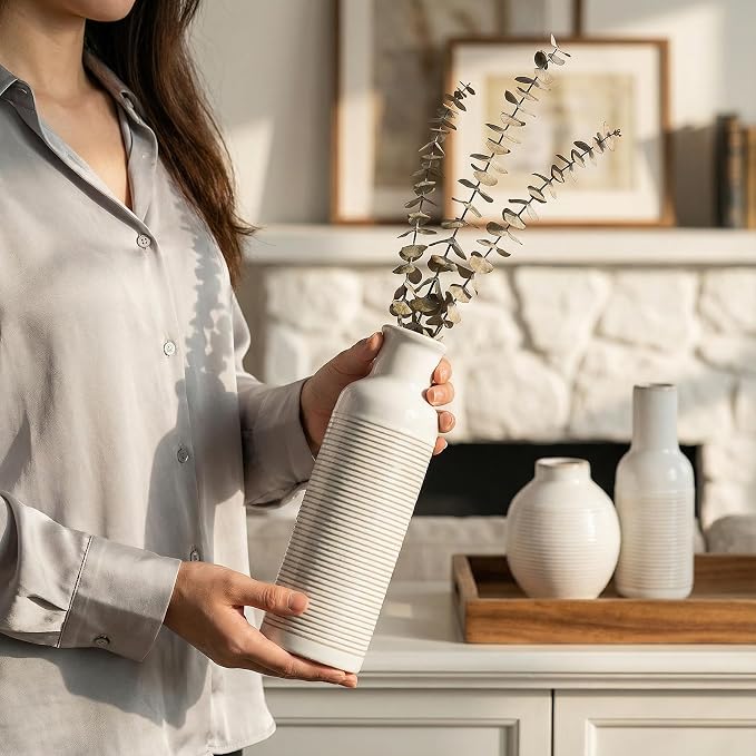 Rustic Farmhouse Vase Set of 3 - Ceramic Decorative Flowers Vases Home Decor - Pampas Grass Dried Fresh Flowers - for Centerpiece, Table, Mantel Entryway, Kitchen, Bedroom (White)