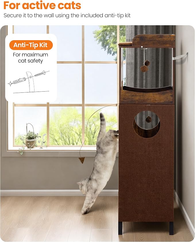 56in Modern Wood Cat Tree Tower for Indoor Cats with Hammock | Multi-Level Climbing Design, 2 Spacious Hammocks, Perch, Cat Condo, Scratching Board, Ideal for Multi-Cat Homes, Rustic Brown