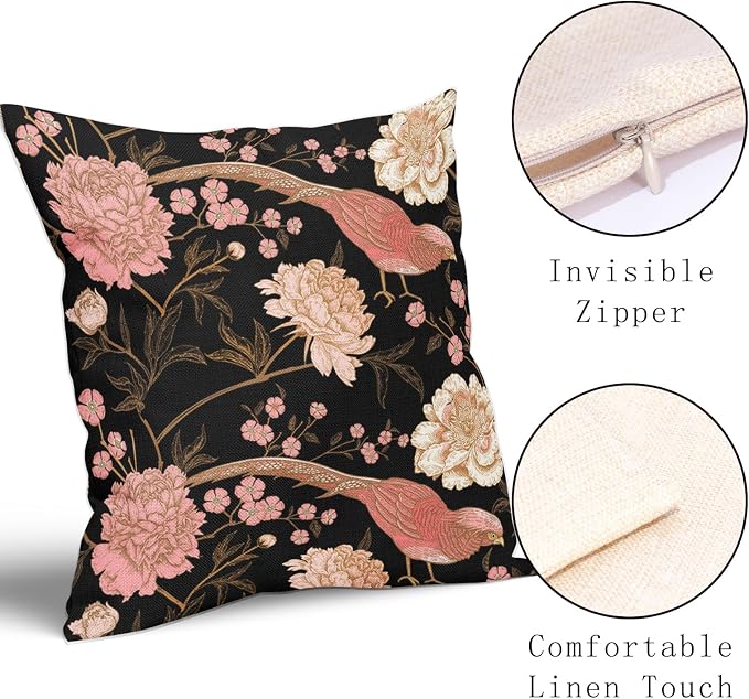 Flowers Birds Leaf Pillow Covers 20X20 Inch Set of 2 Pink White Roses Floral Decorative Pillow Cases Art Retro Black Gold Cotton Linen Cushion Case Vintage Home Decor For Sofa Couch Porch Outdoor