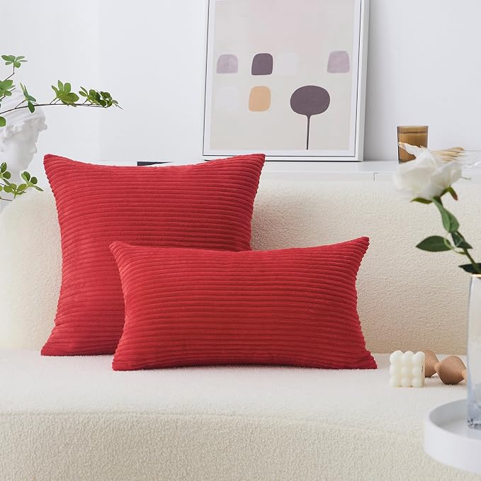 Home Brilliant Red Pillow Cover 12x20 Decorative Lumbar Throw Pillows Striped Corduroy Oblong Throw Pillow Case for Chair Couch Holiday, 12 x 20 inch, Red