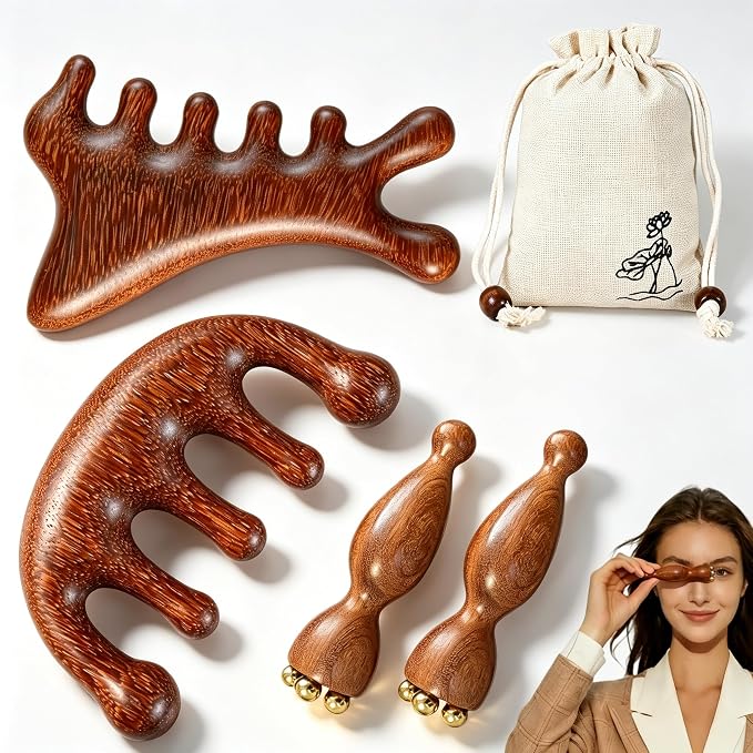 TOMULE 4Pcs Sandalwood Massage Tool Set with Cotton Linen Storage Bag | Cooling Brass Eye Roller, 5-Finger Scalp Massager, Gua Sha Comb, Reduce Puffiness and Relieve Stress