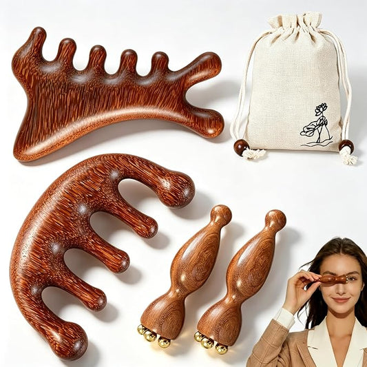 TOMULE 4Pcs Sandalwood Massage Tool Set with Cotton Linen Storage Bag | Cooling Brass Eye Roller, 5-Finger Scalp Massager, Gua Sha Comb, Reduce Puffiness and Relieve Stress