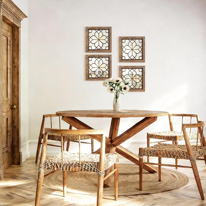Set of 4 14 Inch Square Redbrown Window Pane Wall Mirrors, Shatterproof Rustic Farmhouse Boho Vintage Decorative Mirrors for Living Room Bedroom Bathroom Entryway