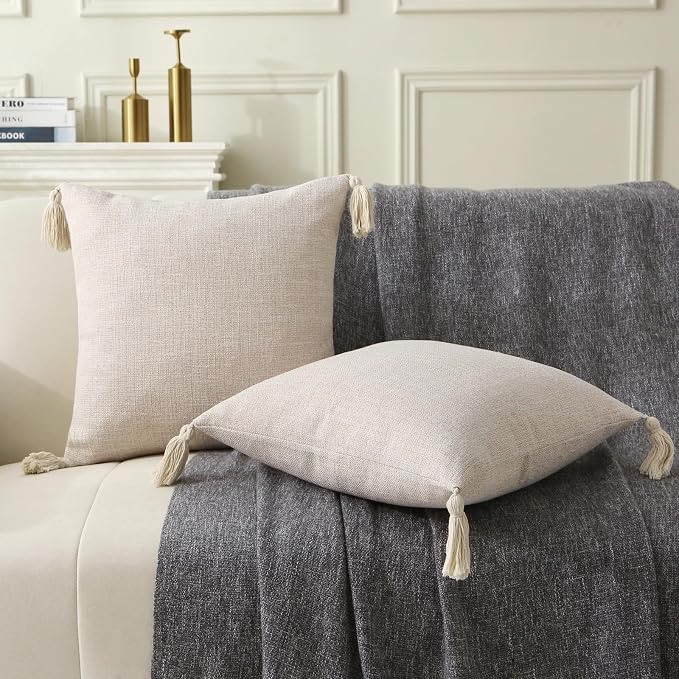 Decorative Throw Pillow with Tassels, 18x18 Farmhouse Pillows with Inserts, Square Boho Pillow for Couch, Patio, Bed, Sofa Decor (Light Beige, 18" x 18"(Pack of 2))