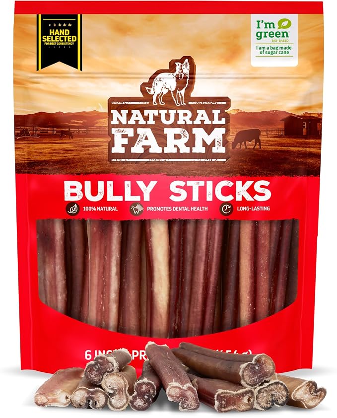 Natural Farm Odor-Free Select Bully Sticks, (6-Inch, 1-Pound), Hand Selected for Consistent Thickness, 100% Beef Pizzle Dog Chews, Fully Digestible, High Protein, Best Dental Treats