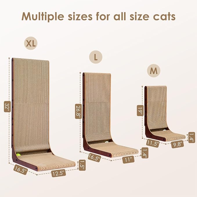 EHEYCIGA Cardboard Cat Scratcher for Indoor Cats, 32 Inch, Dark Brown | L Shaped Scratching Post, Vertical Cat Scratching Board with Ball Cat Toy, Furniture Protector, Extra Large Cat Scratch Pad
