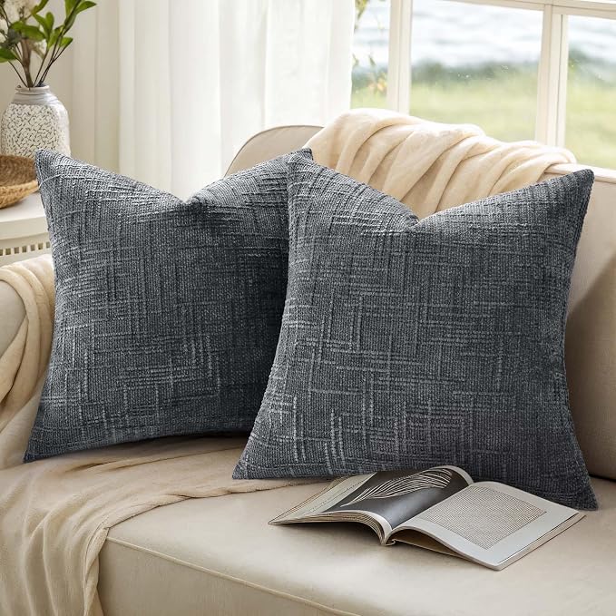 decorUhome Textured Chenille Throw Pillow Covers 22x22 Set of 2 Dark Grey | Fall Modern Farmhouse Soft Cozy Slubby Couch Pillow Cases Boho Decorative Pillow Cases for Bed Sofa Living Room Home Decor